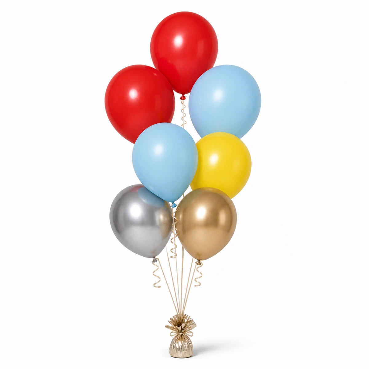 Red, Pastel Blue, Yellow, Silver & Champagne Balloon Bunch - photorealistic coordinated seven-balloon bunch