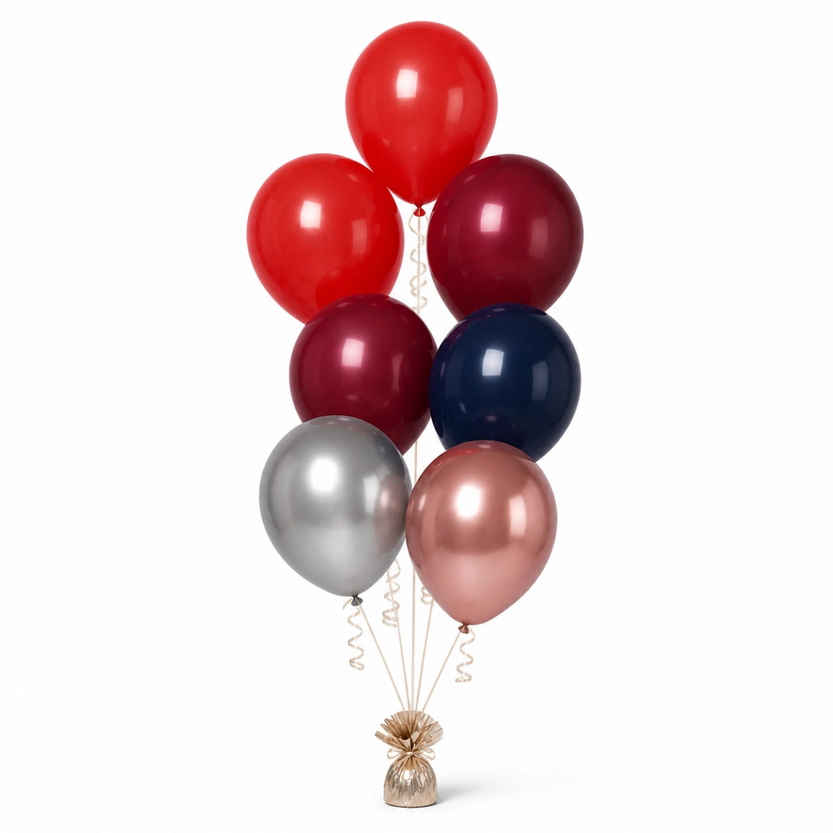 Red, Merlot, Navy, Silver & Rose Gold Balloon Bunch - photorealistic coordinated seven-balloon bunch