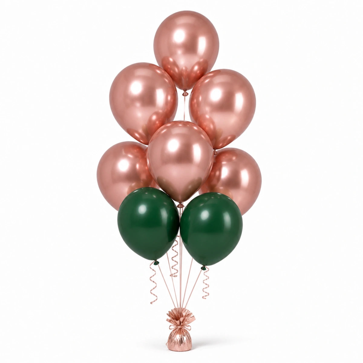 Rose Gold & Forest Green Balloon Bunch (5/2 mix) - photorealistic coordinated seven-balloon bunch