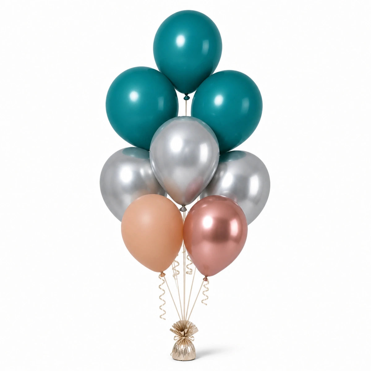 Deep Teal, Silver, Nude & Rose Gold Balloon Bunch - photorealistic coordinated seven-balloon bunch
