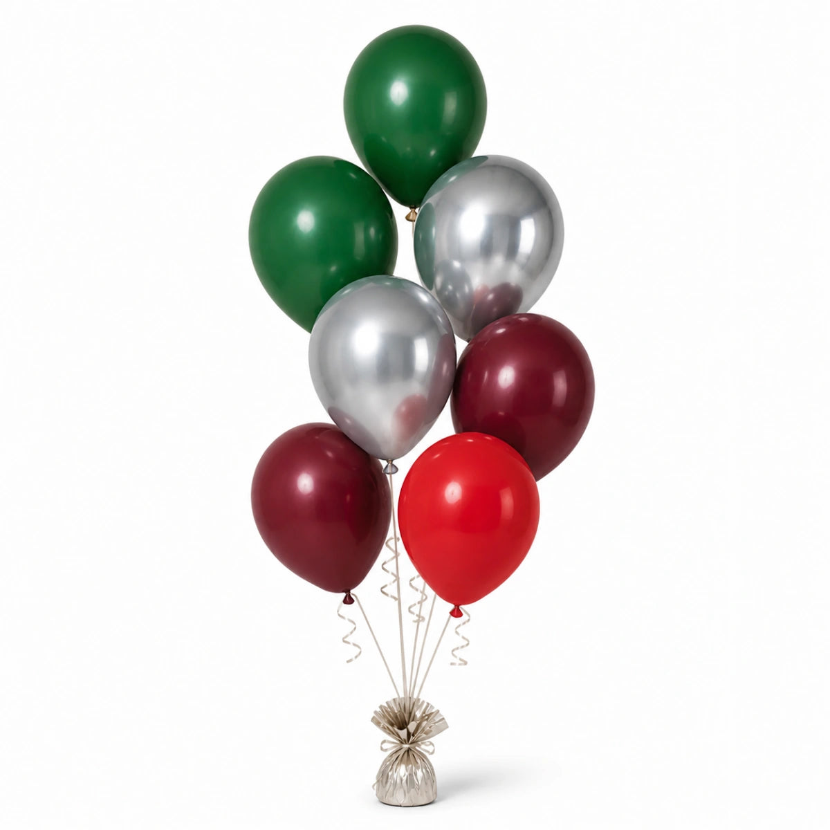 Forest Green, Silver, Merlot & Red Balloon Bunch - photorealistic coordinated seven-balloon bunch