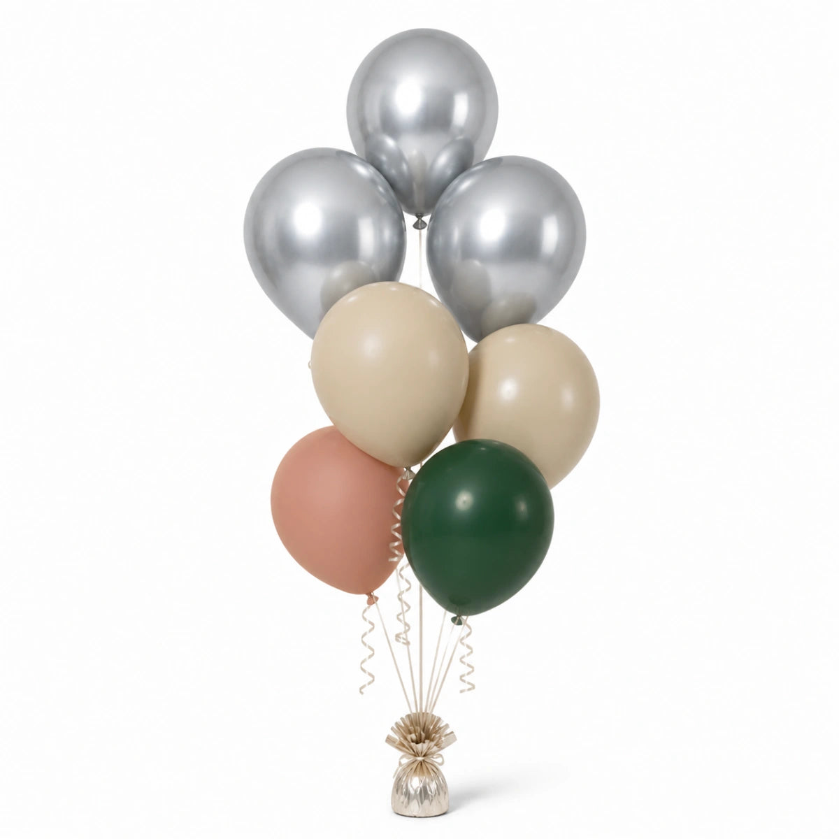 Silver, Warm Sand, Nude & Forest Green Balloon Bunch - photorealistic coordinated seven-balloon bunch