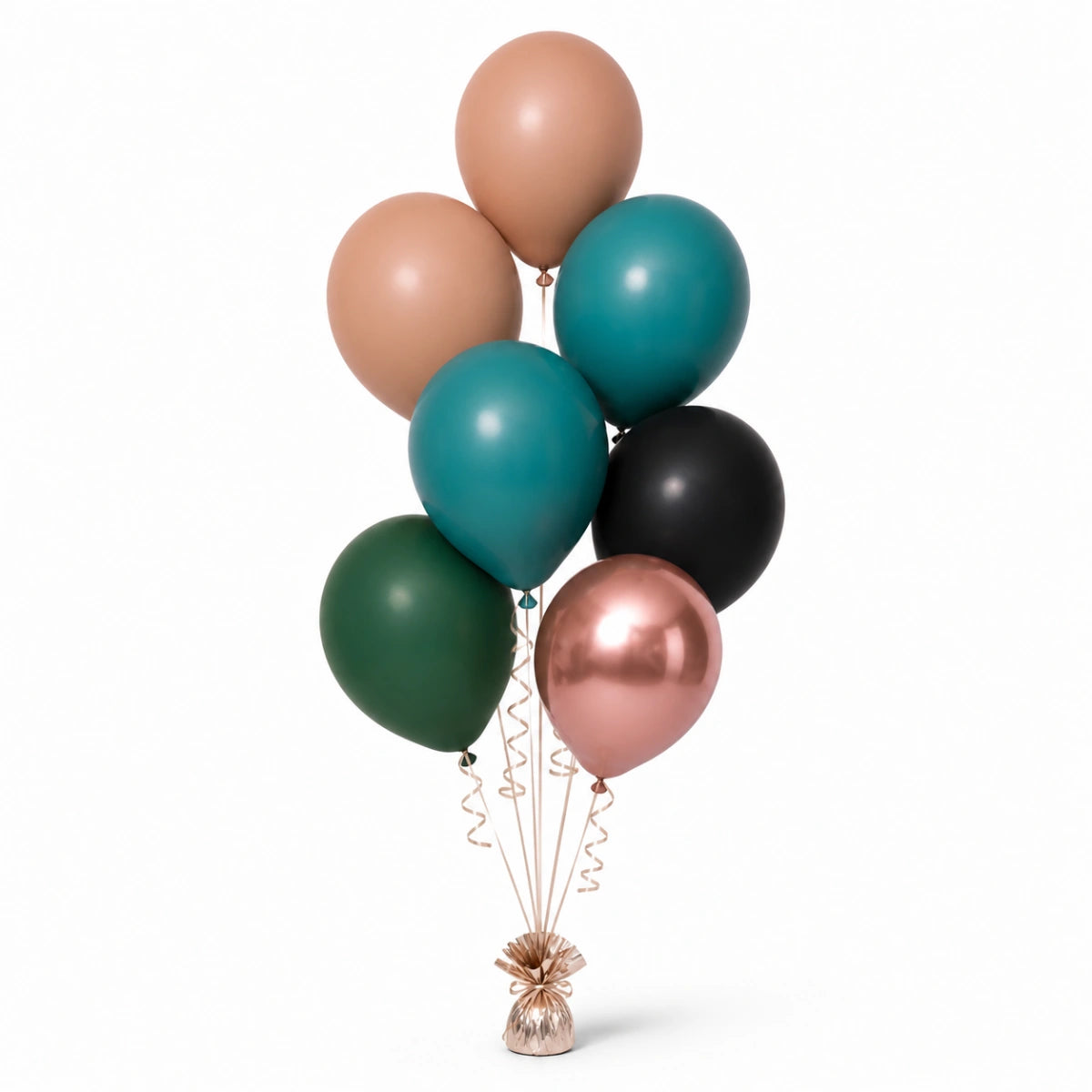 Nude, Deep Teal, Black, Forest Green & Rose Gold Balloon Bunch - photorealistic coordinated seven-balloon bunch