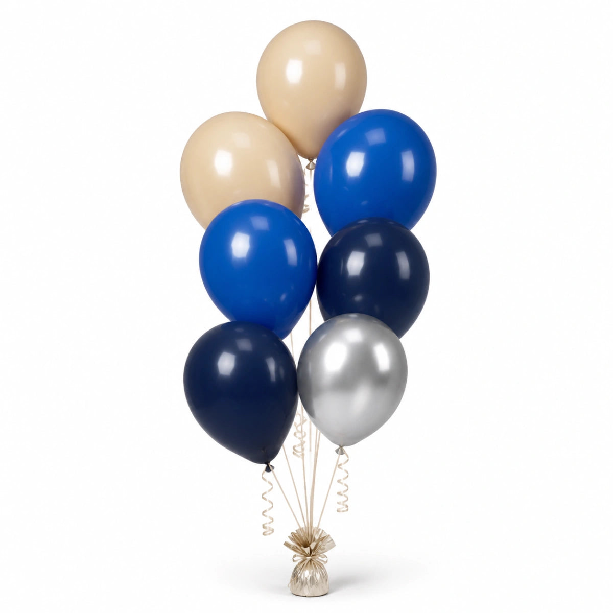 Warm Sand, Royal Blue, Navy & Silver Balloon Bunch - photorealistic coordinated seven-balloon bunch