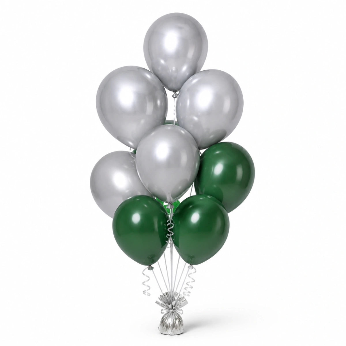 Silver & Forest Green Balloon Bunch (4/3 mix) - photorealistic coordinated seven-balloon bunch