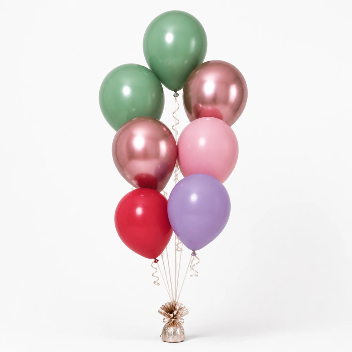 Eucalyptus, Rose Gold, Blush Pink, Red & Lavender Balloon Bunch - photorealistic coordinated seven-balloon bunch