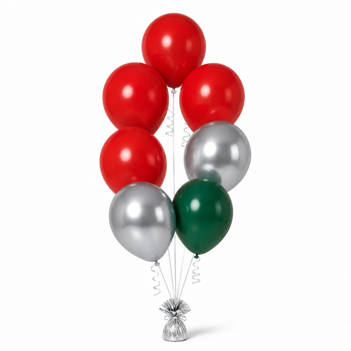 Red, Silver & Forest Green Balloon Bunch - photorealistic coordinated seven-balloon bunch
