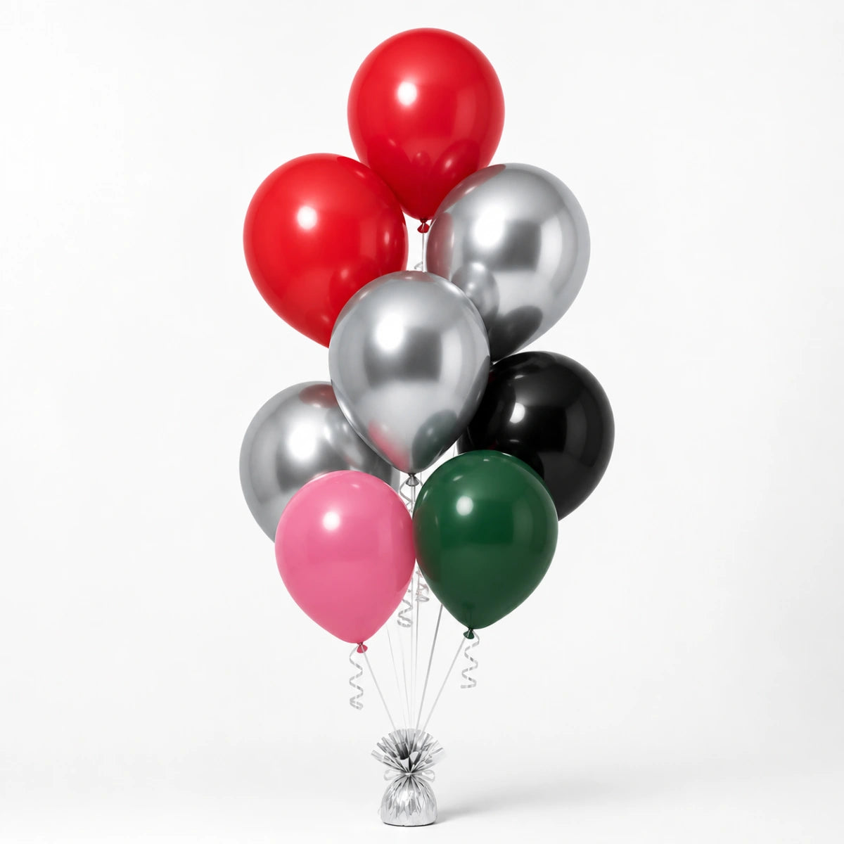 Red, Silver, Black, Pink & Forest Green Balloon Bunch - photorealistic coordinated seven-balloon bunch