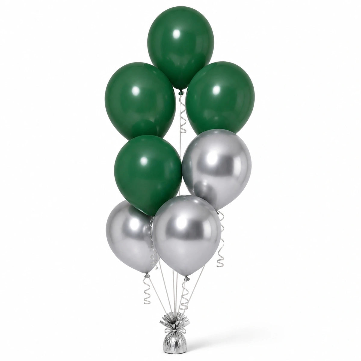 Forest Green & Silver Balloon Bunch (4/3 mix) - photorealistic coordinated seven-balloon bunch