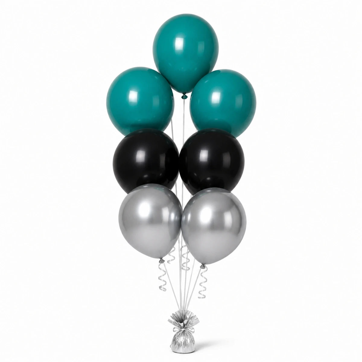 Deep Teal, Black & Silver Balloon Bunch - photorealistic coordinated seven-balloon bunch