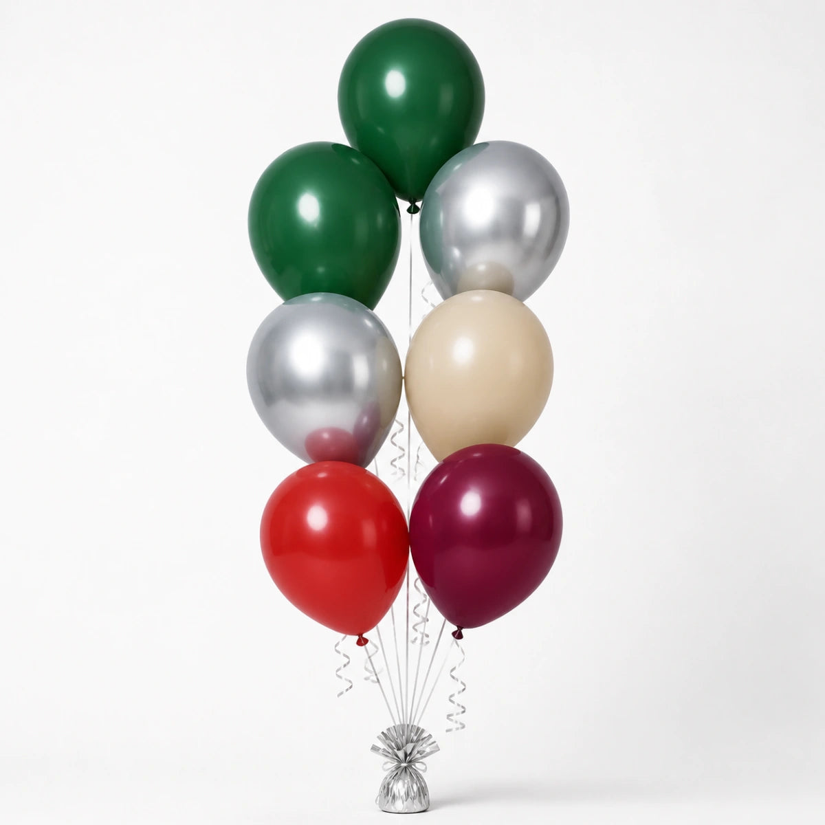 Forest Green, Silver, Warm Sand, Red & Merlot Balloon Bunch - photorealistic coordinated seven-balloon bunch