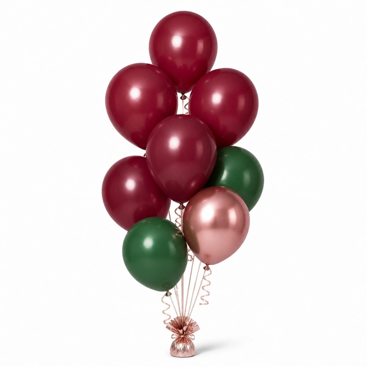 Merlot, Forest Green & Rose Gold Balloon Bunch - photorealistic coordinated seven-balloon bunch