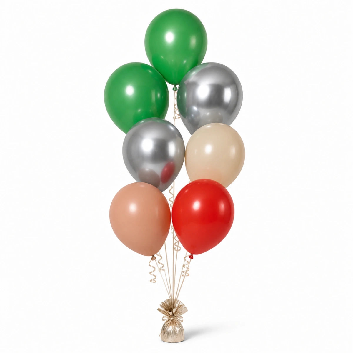 Shamrock Green, Silver, Warm Sand, Nude & Red Balloon Bunch - photorealistic coordinated seven-balloon bunch
