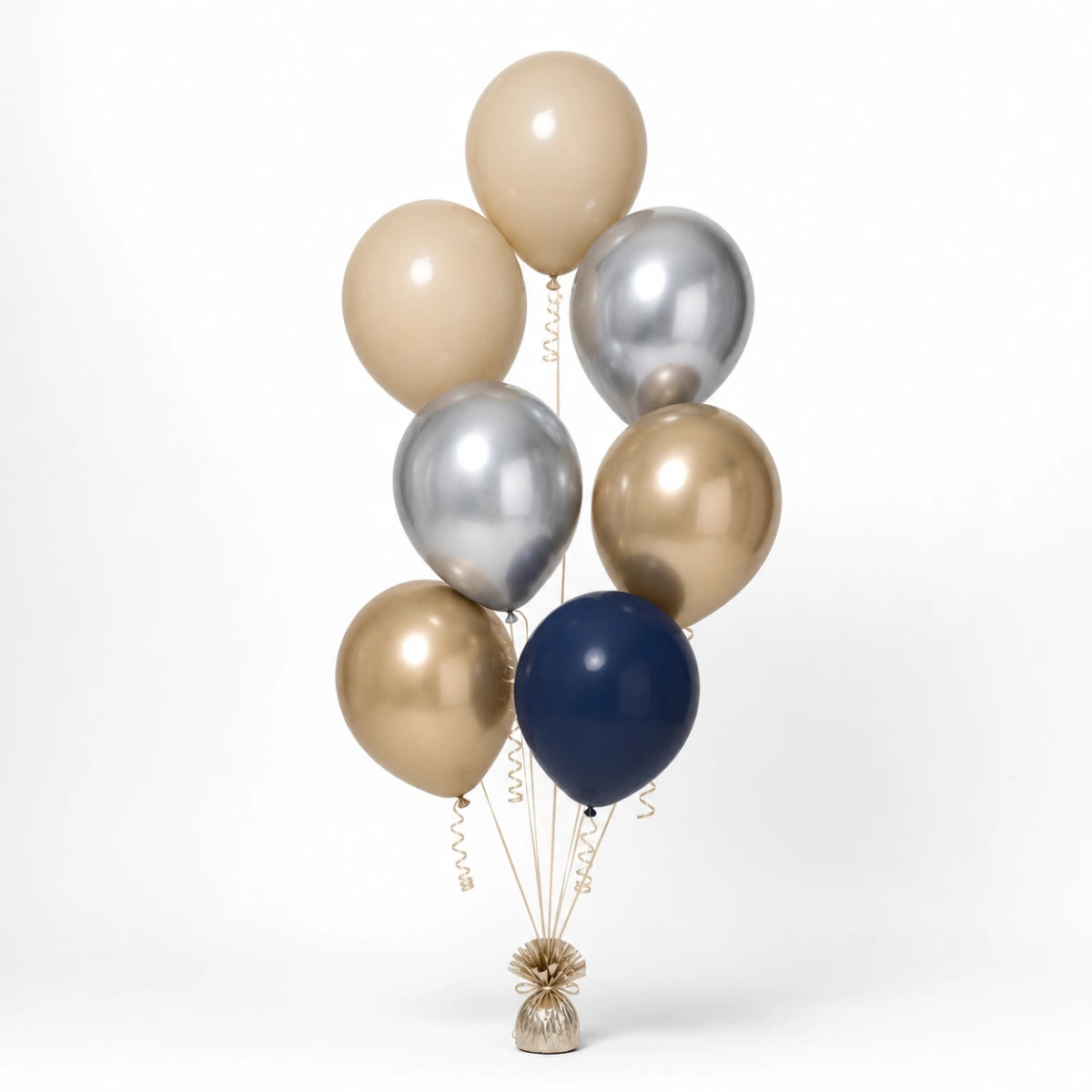 Warm Sand, Silver, Champagne & Navy Balloon Bunch - photorealistic coordinated seven-balloon bunch