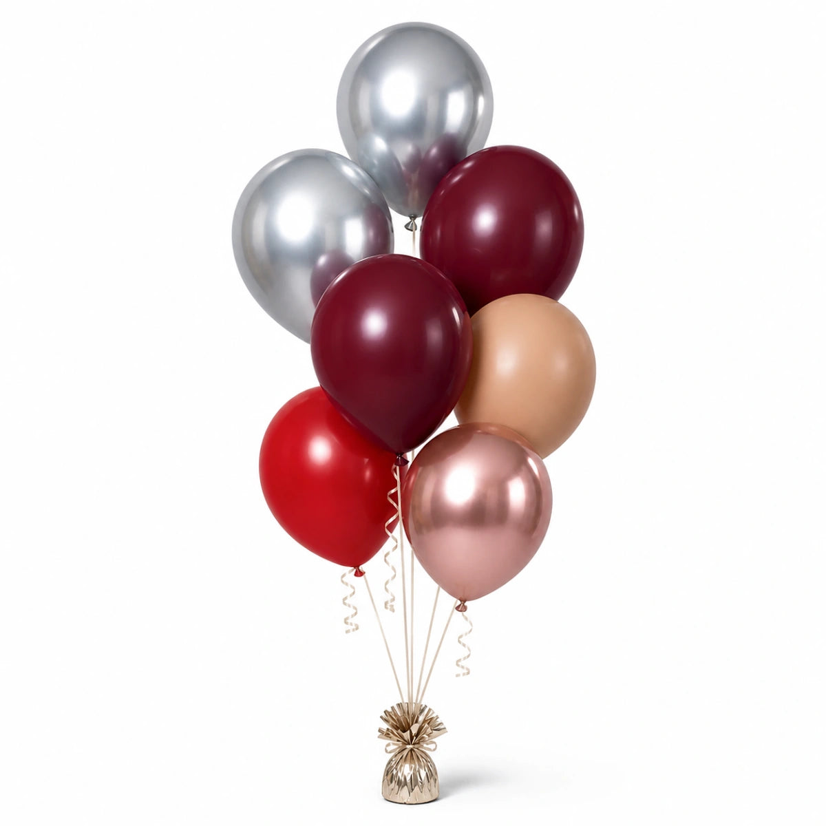 Silver, Merlot, Nude, Red & Rose Gold Balloon Bunch - photorealistic coordinated seven-balloon bunch
