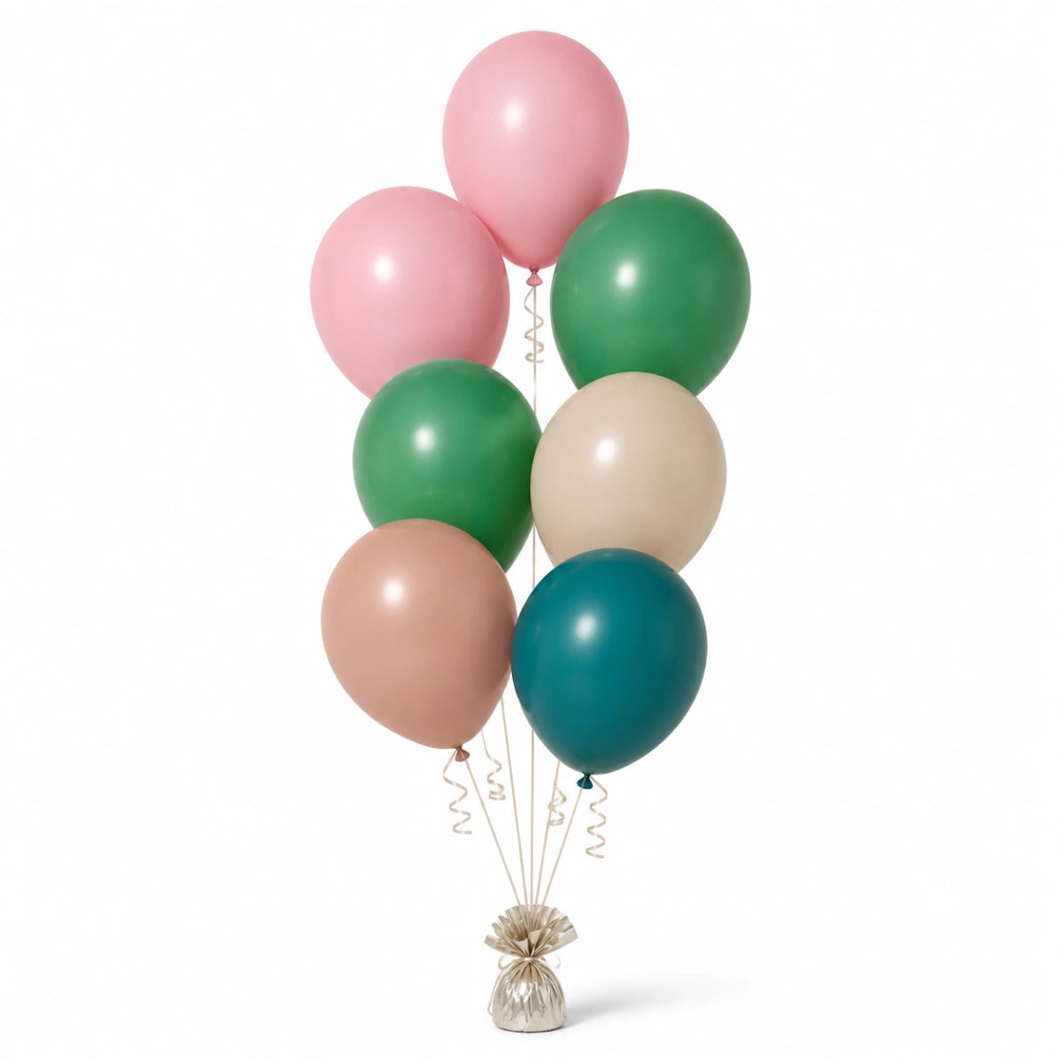 Blush Pink, Shamrock Green, Warm Sand, Nude & Deep Teal Balloon Bunch - photorealistic coordinated seven-balloon bunch