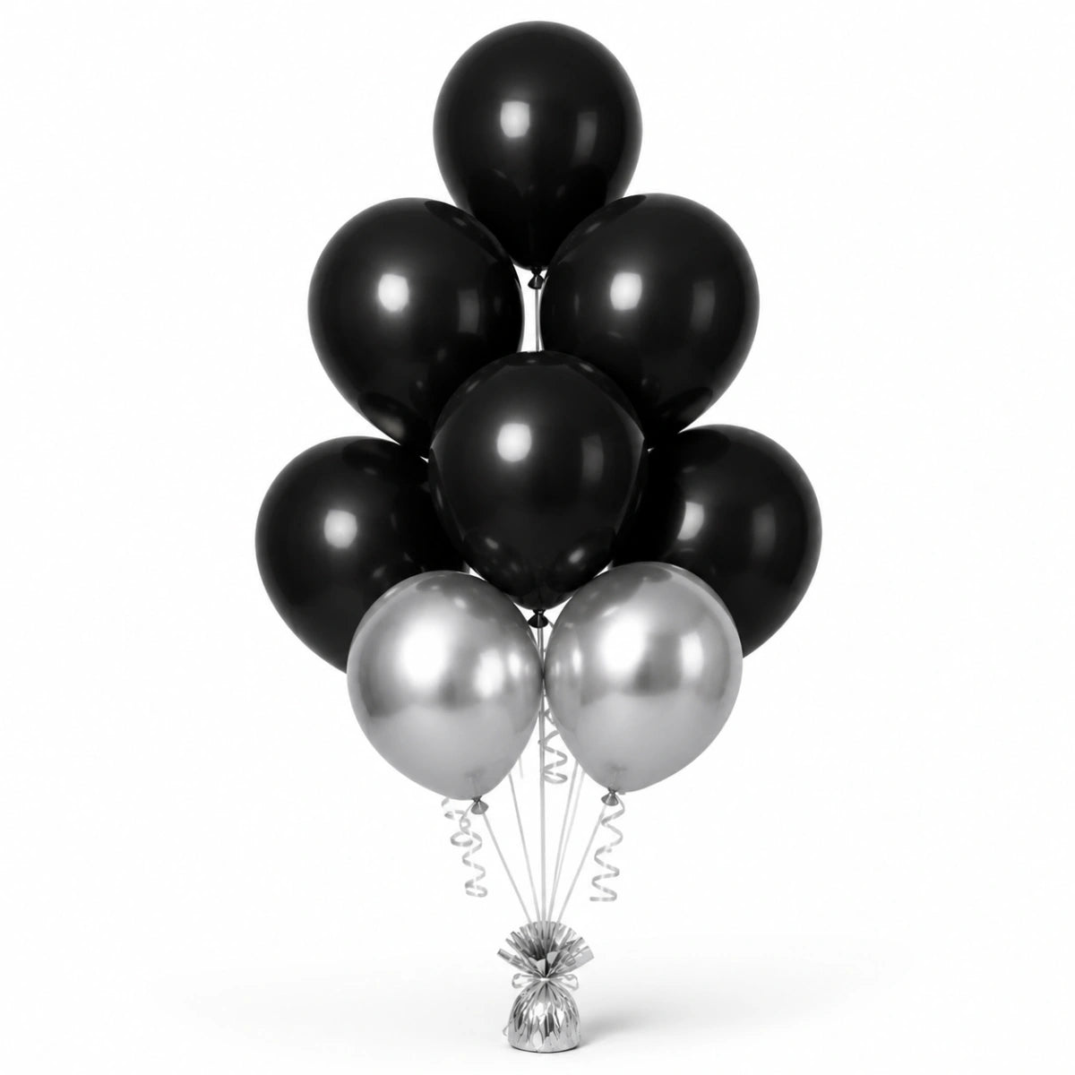 Black & Silver Balloon Bunch (5/2 mix) - photorealistic coordinated seven-balloon bunch