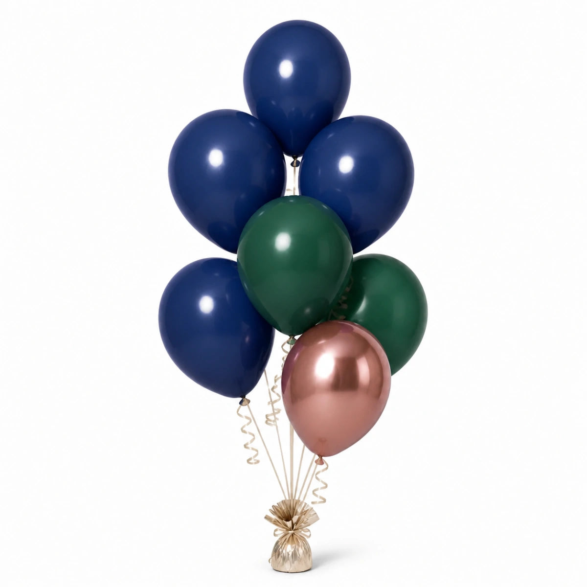 Navy, Forest Green & Rose Gold Balloon Bunch - photorealistic coordinated seven-balloon bunch