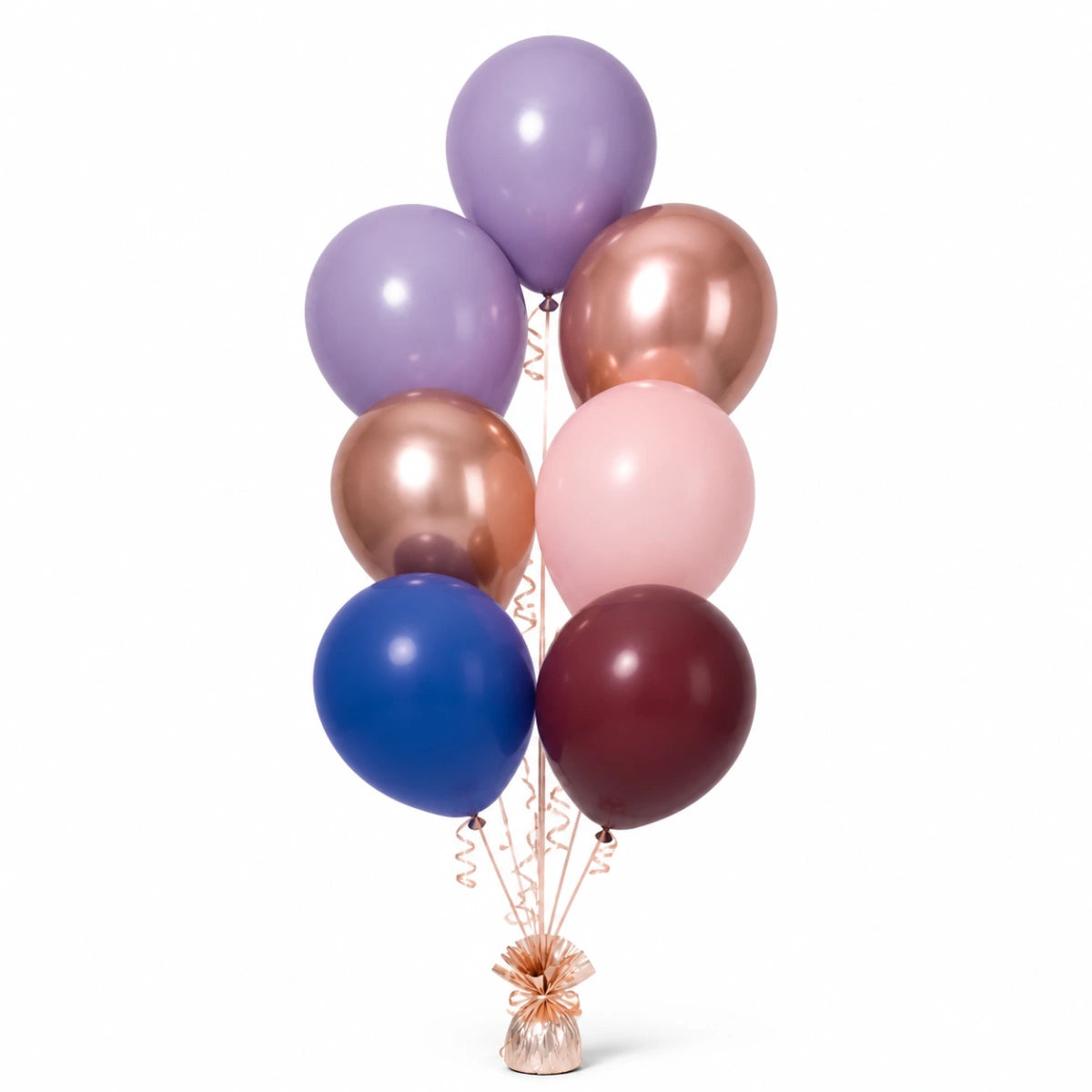 Lavender, Rose Gold, Blush Pink, Royal Blue & Merlot Balloon Bunch - photorealistic coordinated seven-balloon bunch