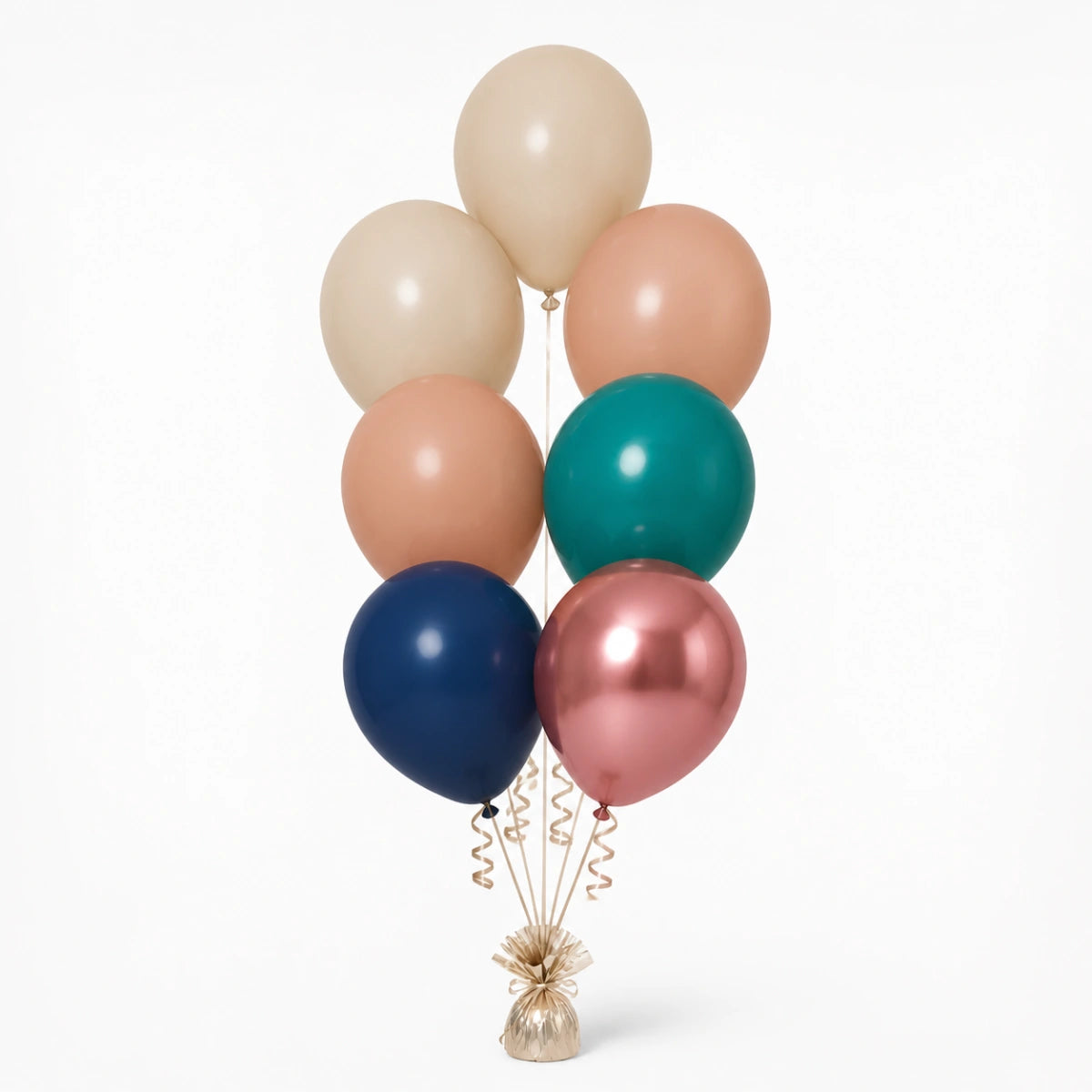 Warm Sand, Nude, Deep Teal, Navy & Rose Gold Balloon Bunch - photorealistic coordinated seven-balloon bunch
