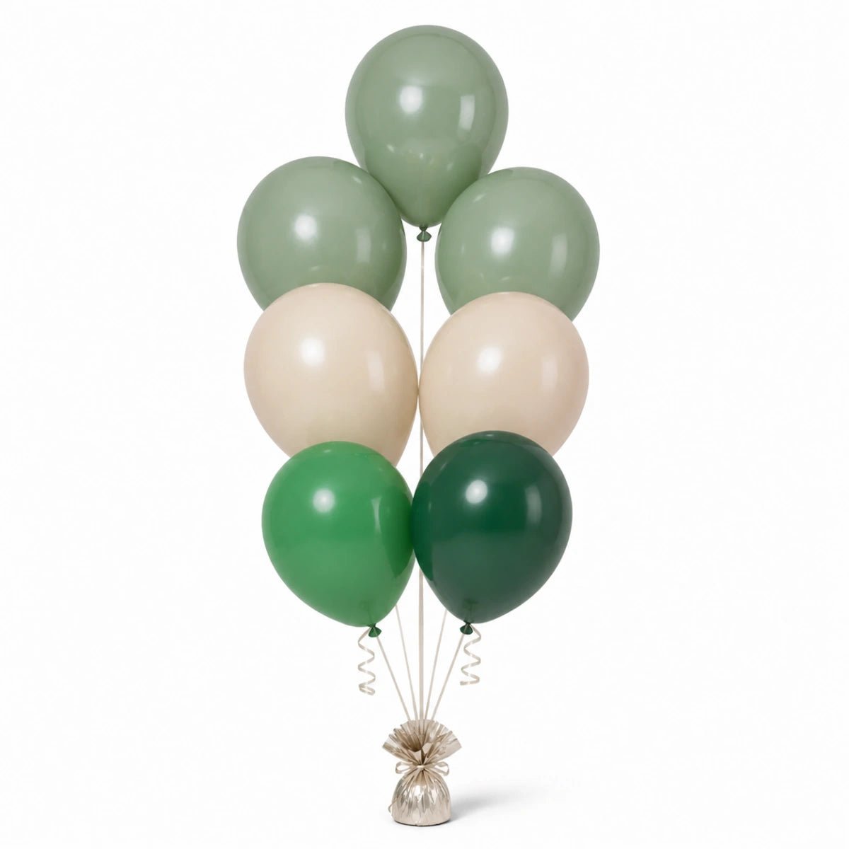 Eucalyptus, Warm Sand, Shamrock Green & Forest Green Balloon Bunch - photorealistic coordinated seven-balloon bunch