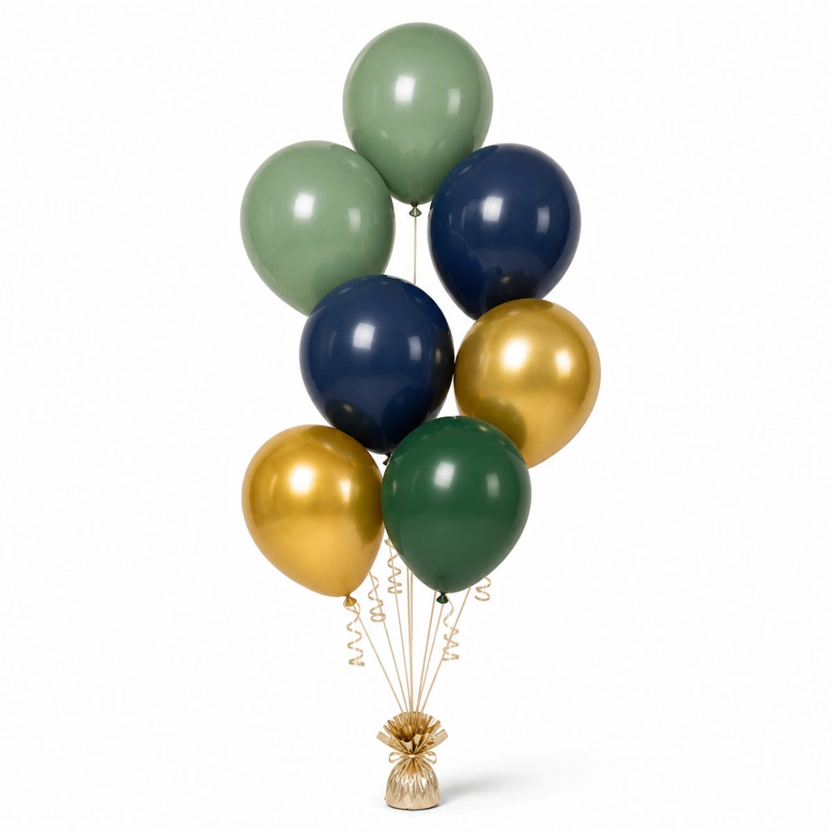 Eucalyptus, Navy, Gold & Forest Green Balloon Bunch - photorealistic coordinated seven-balloon bunch