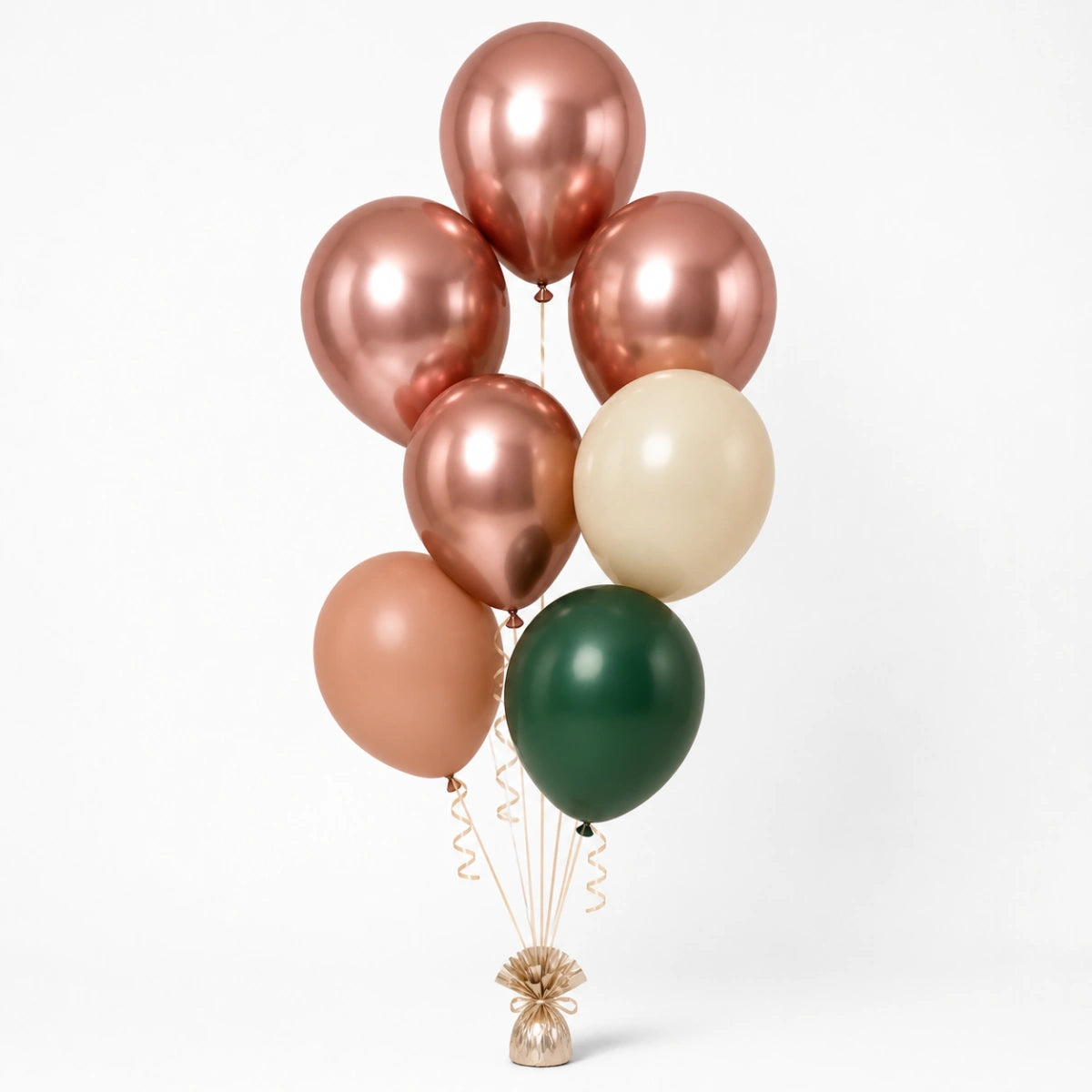 Rose Gold, Warm Sand, Nude & Forest Green Balloon Bunch - photorealistic coordinated seven-balloon bunch