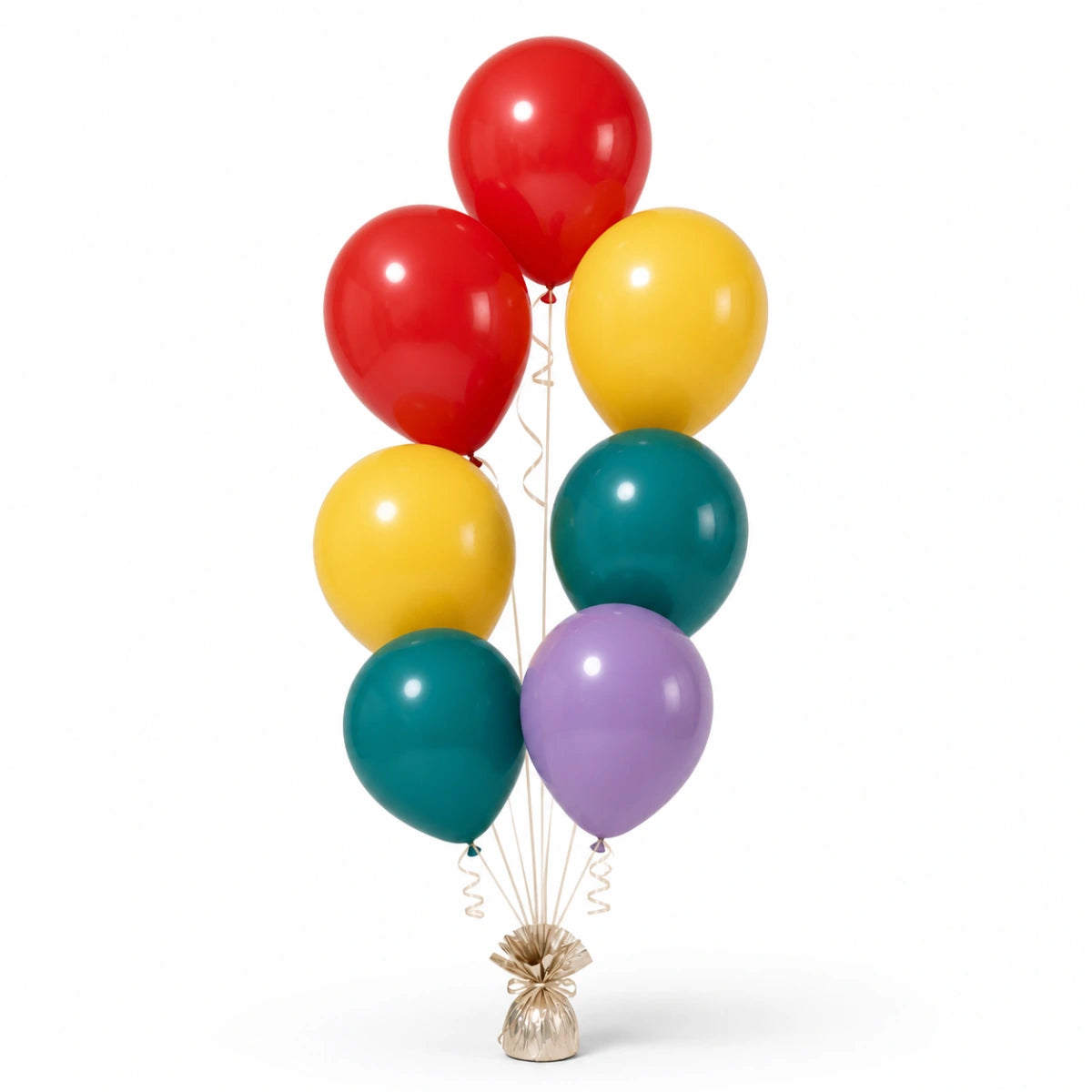 Red, Yellow, Deep Teal & Lavender Balloon Bunch - photorealistic coordinated seven-balloon bunch