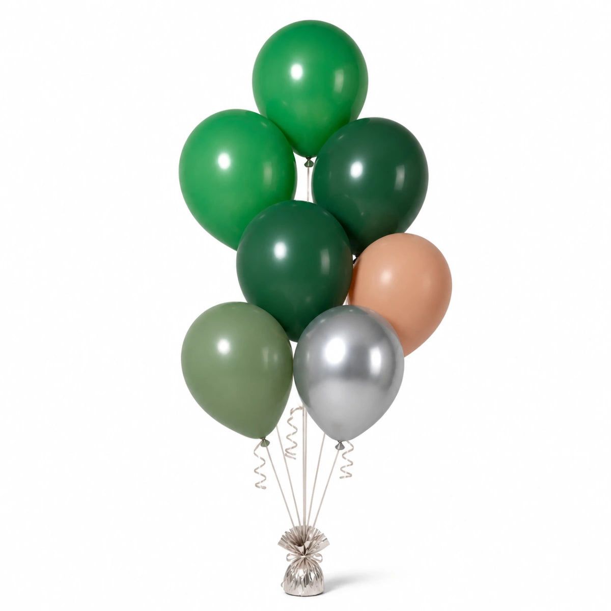 Shamrock Green, Forest Green, Nude, Eucalyptus & Silver Balloon Bunch - photorealistic coordinated seven-balloon bunch