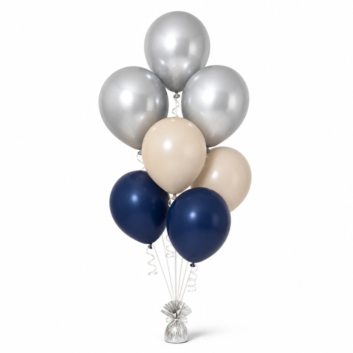 Silver, Warm Sand & Navy Balloon Bunch - photorealistic coordinated seven-balloon bunch
