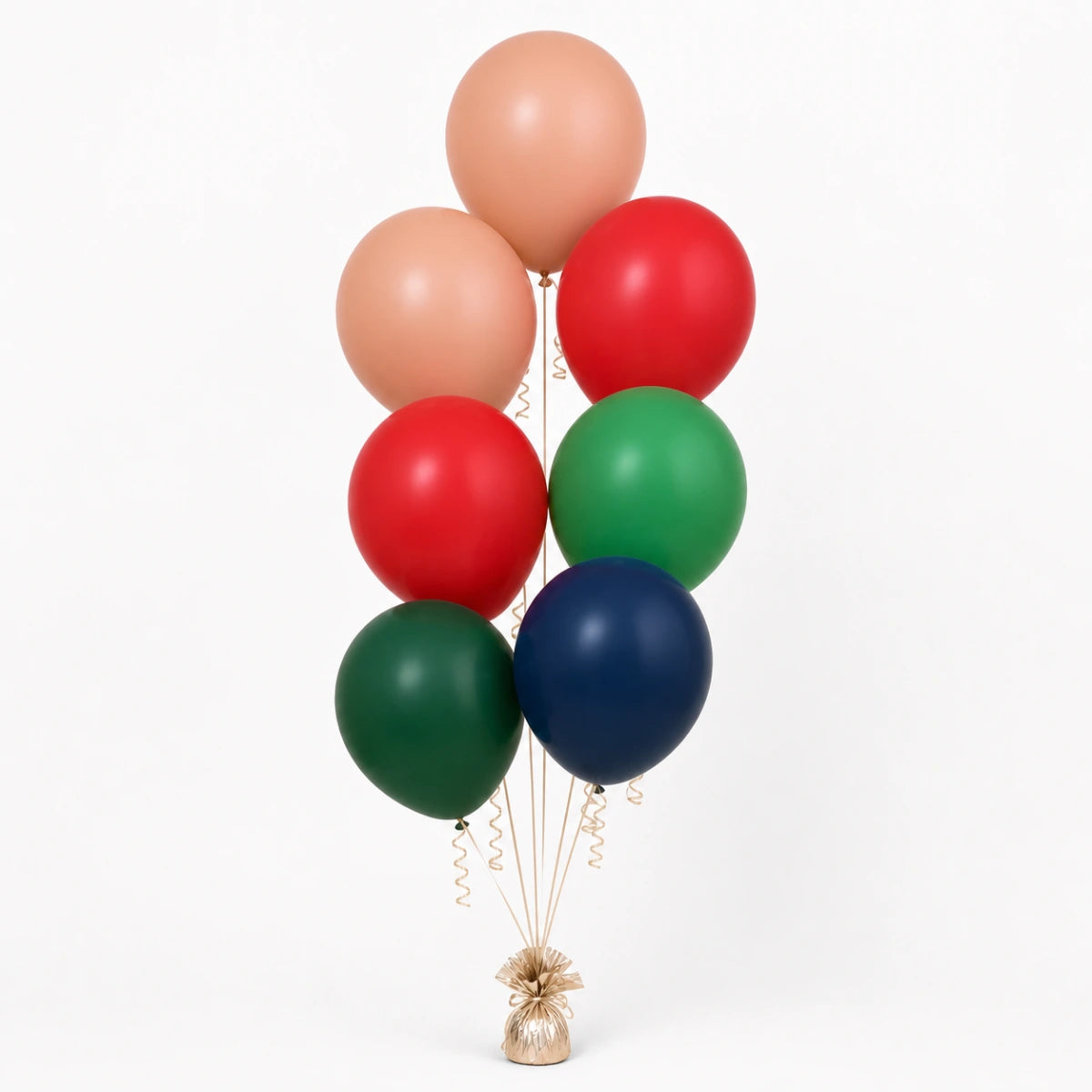 Nude, Red, Shamrock Green, Forest Green & Navy Balloon Bunch - photorealistic coordinated seven-balloon bunch