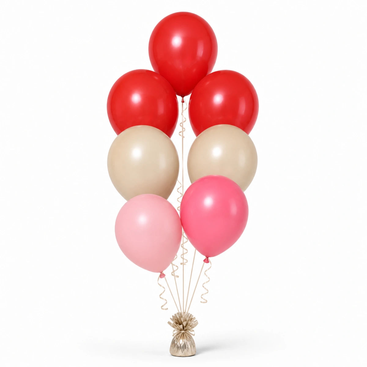 Red, Warm Sand, Blush Pink & Pink Balloon Bunch - photorealistic coordinated seven-balloon bunch