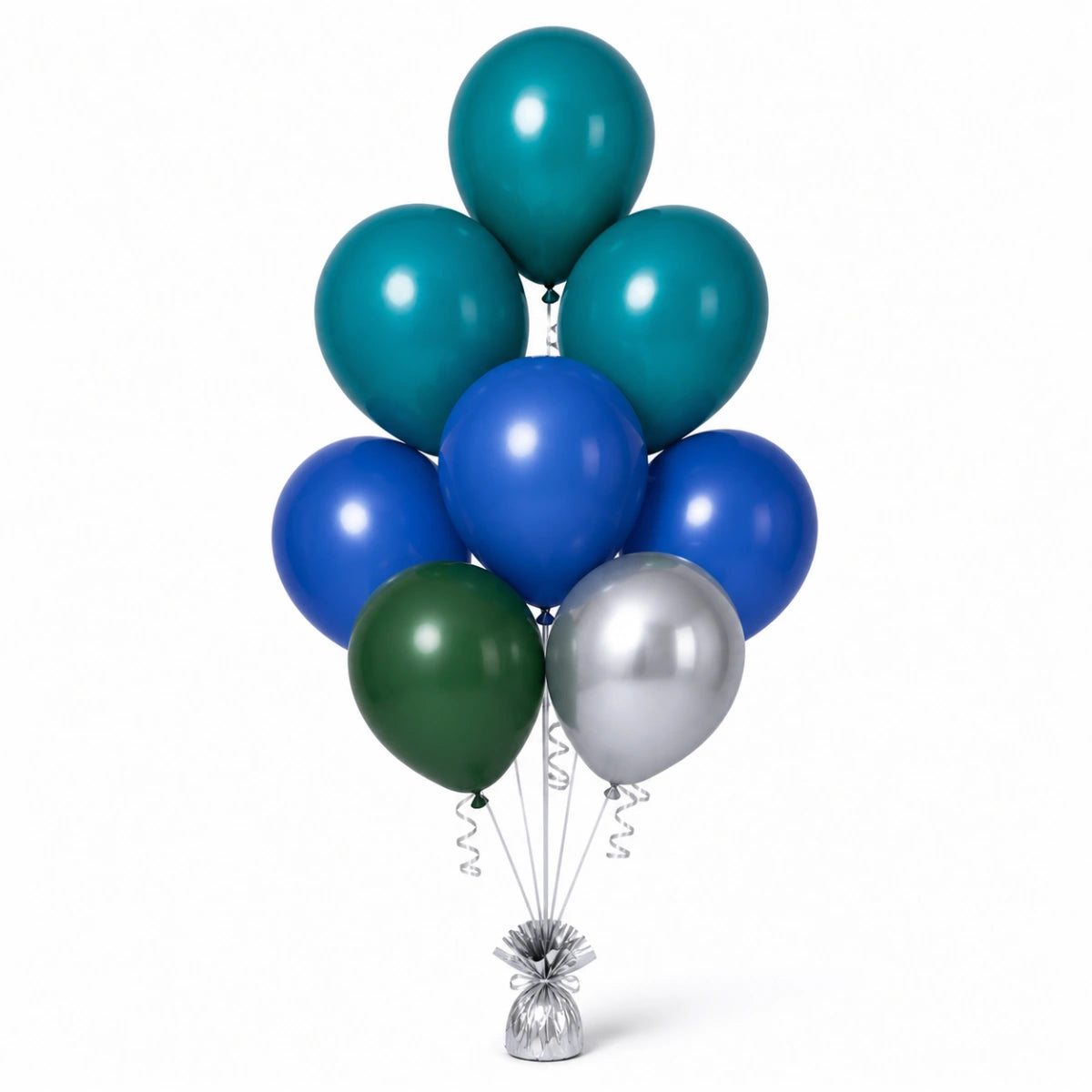 Deep Teal, Royal Blue, Forest Green & Silver Balloon Bunch - photorealistic coordinated seven-balloon bunch