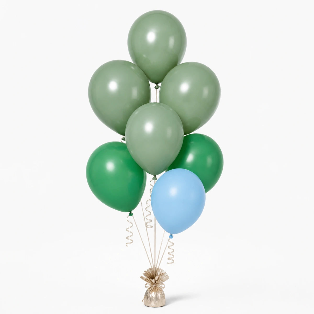 Eucalyptus, Shamrock Green & Pastel Blue Balloon Bunch - photorealistic coordinated seven-balloon bunch