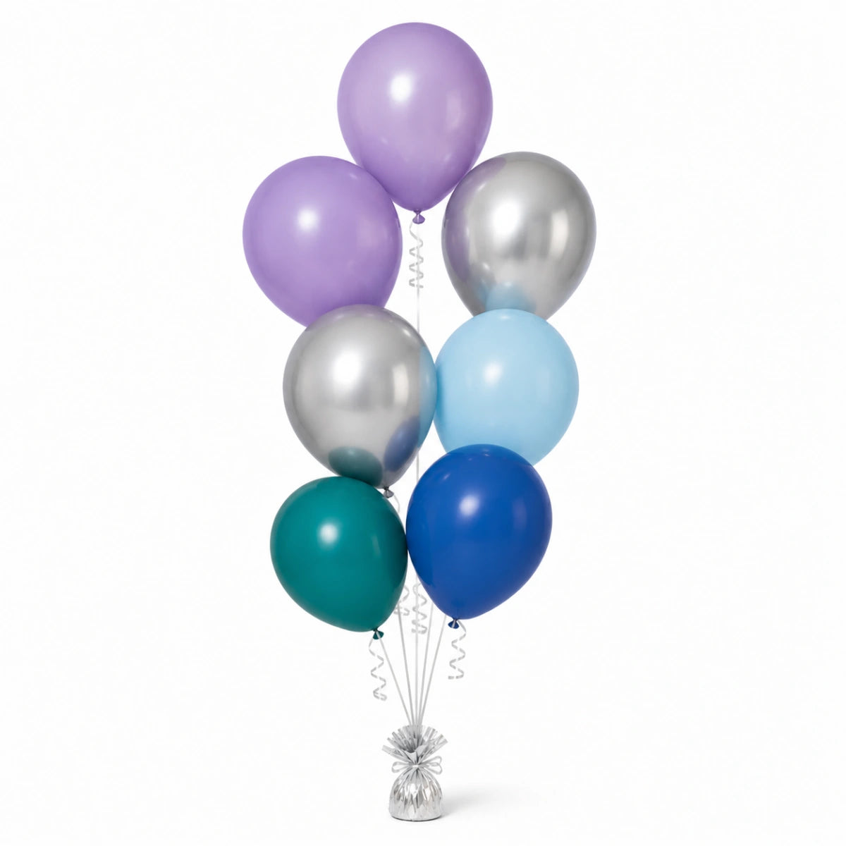 Lavender, Silver, Pastel Blue, Deep Teal & Royal Blue Balloon Bunch - photorealistic coordinated seven-balloon bunch