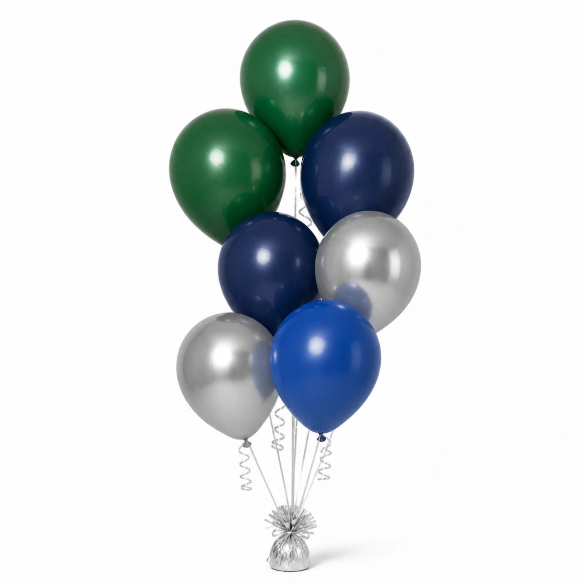 Forest Green, Navy, Silver & Royal Blue Balloon Bunch - photorealistic coordinated seven-balloon bunch