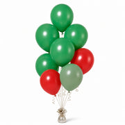 Shamrock Green, Red & Eucalyptus Balloon Bunch - photorealistic coordinated seven-balloon bunch
