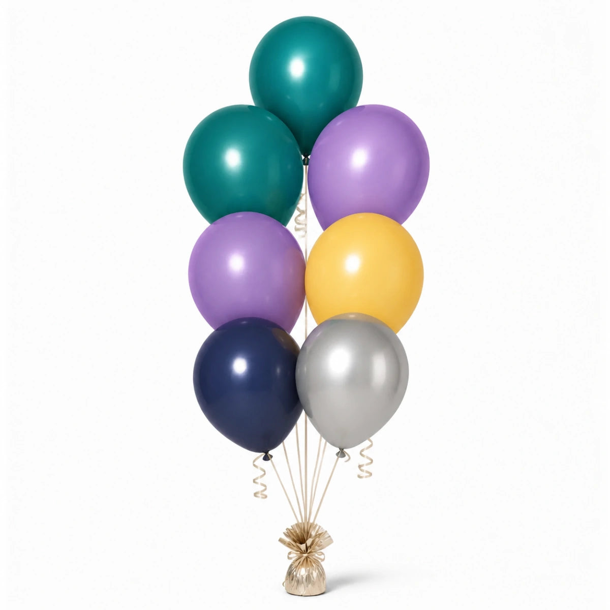Deep Teal, Lavender, Yellow, Navy & Silver Balloon Bunch - photorealistic coordinated seven-balloon bunch