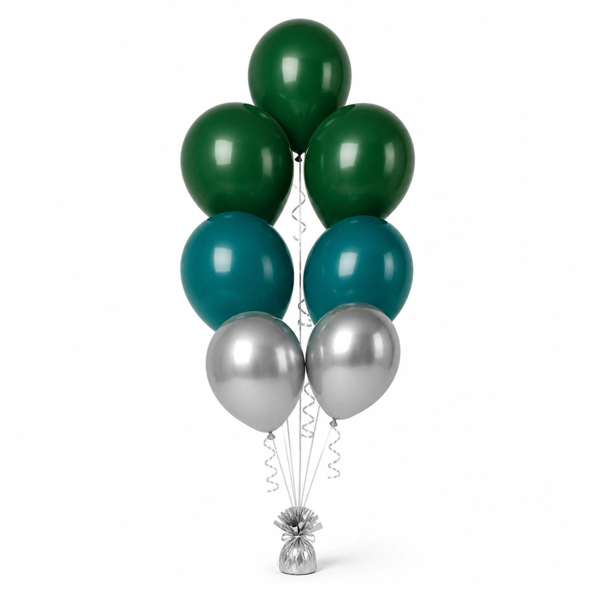 Forest Green, Deep Teal & Silver Balloon Bunch - photorealistic coordinated seven-balloon bunch