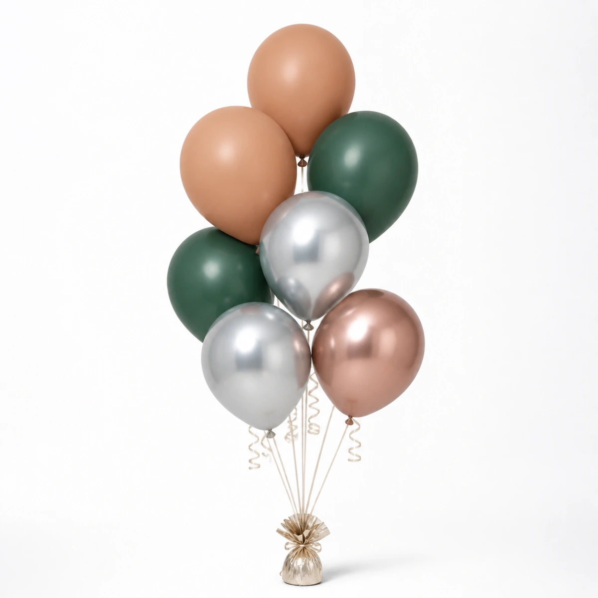 Nude, Forest Green, Silver & Rose Gold Balloon Bunch - photorealistic coordinated seven-balloon bunch
