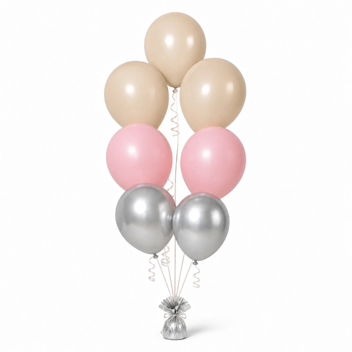 Warm Sand, Blush Pink & Silver Balloon Bunch - photorealistic coordinated seven-balloon bunch