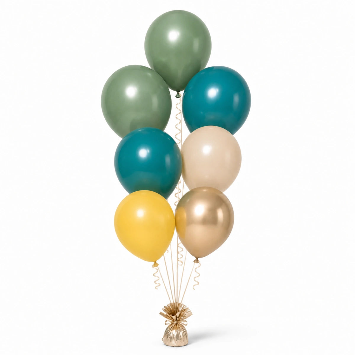Eucalyptus, Deep Teal, Warm Sand, Yellow & Champagne Balloon Bunch - photorealistic coordinated seven-balloon bunch