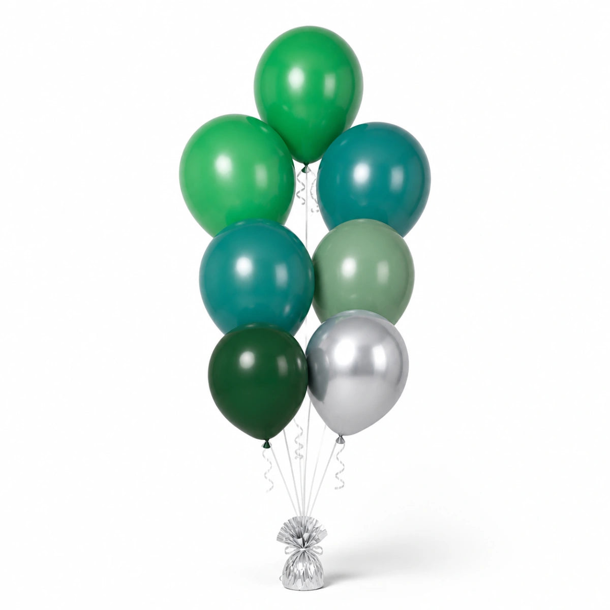 Shamrock Green, Deep Teal, Eucalyptus, Forest Green & Silver Balloon Bunch - photorealistic coordinated seven-balloon bunch