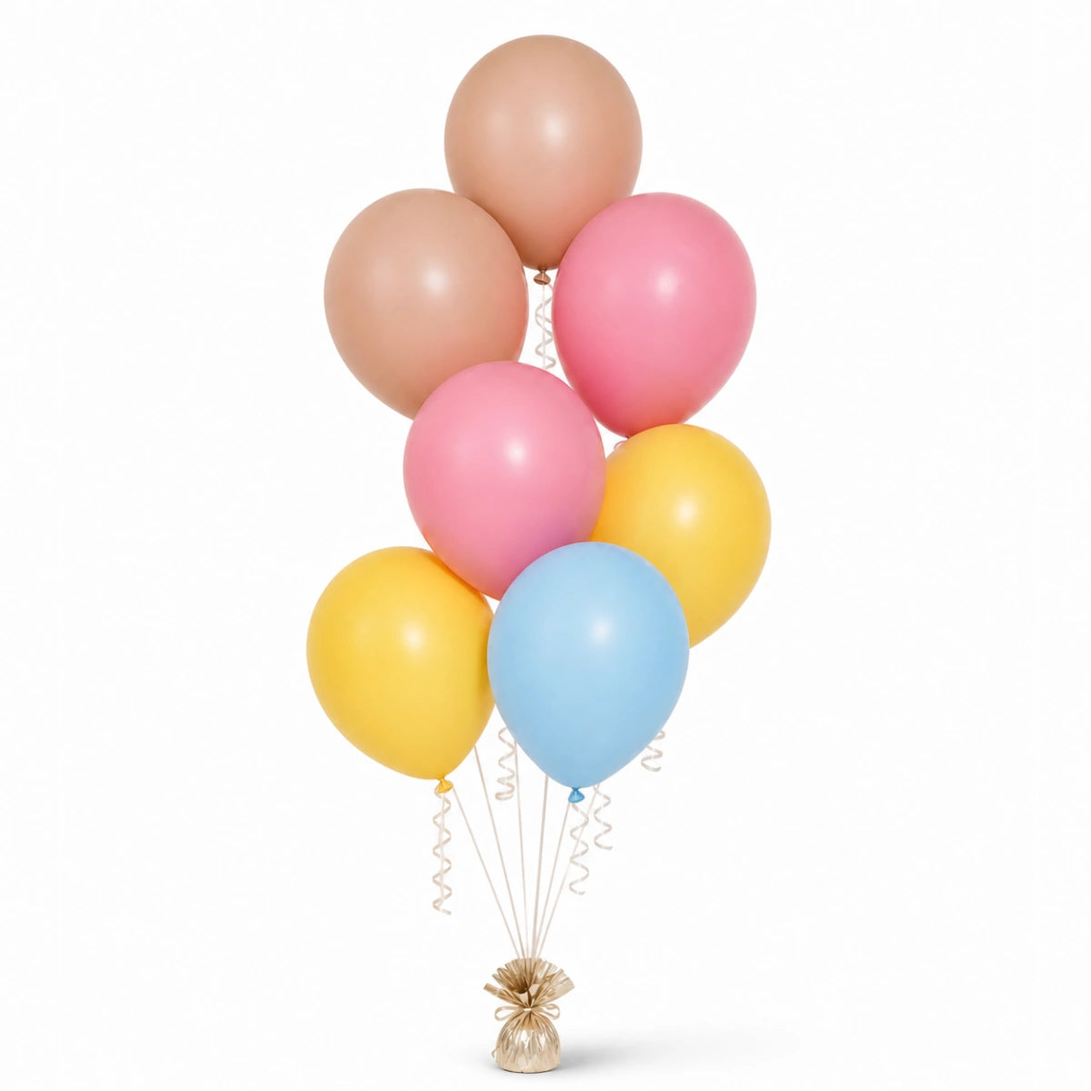Nude, Pink, Yellow & Pastel Blue Balloon Bunch - photorealistic coordinated seven-balloon bunch