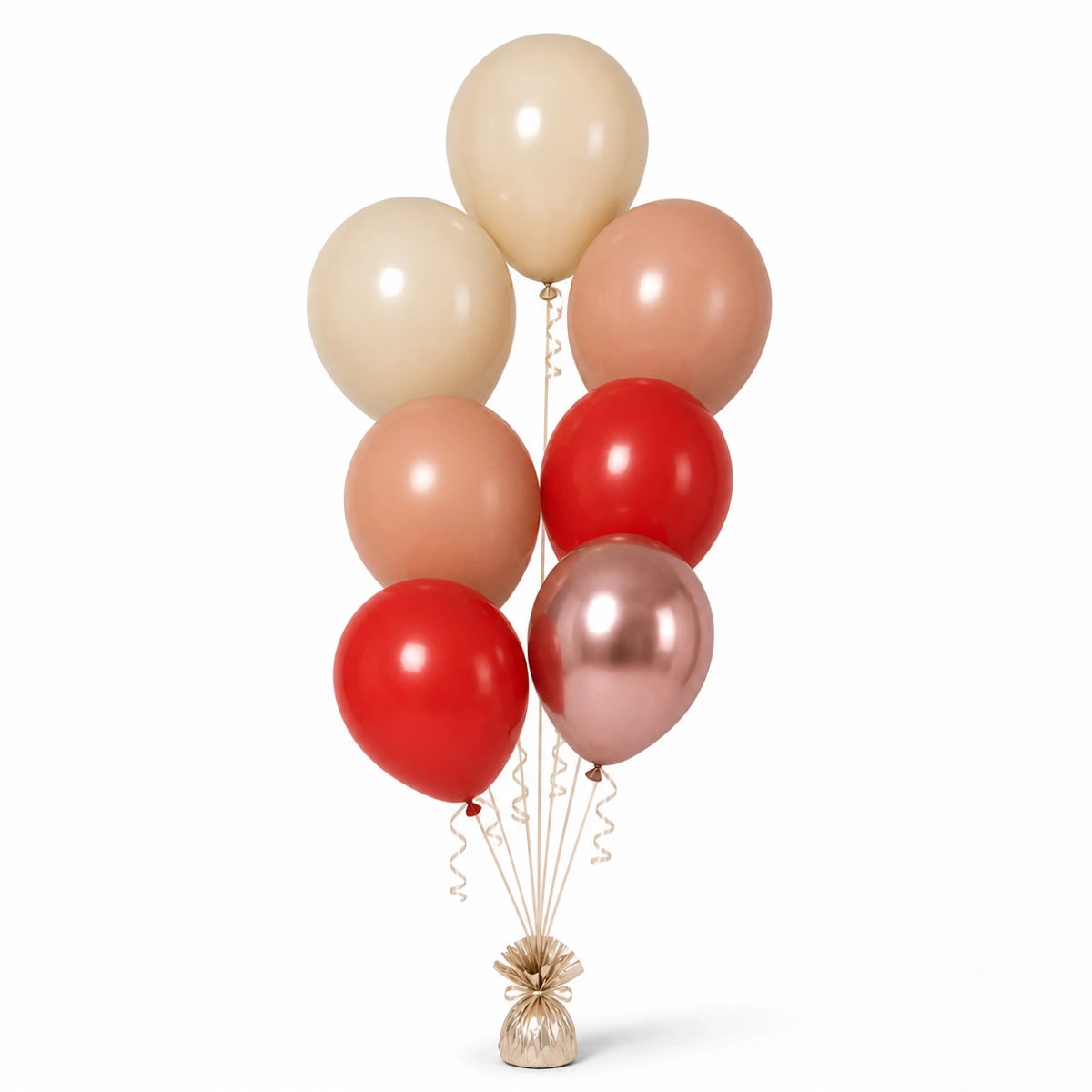 Warm Sand, Nude, Red & Rose Gold Balloon Bunch - photorealistic coordinated seven-balloon bunch