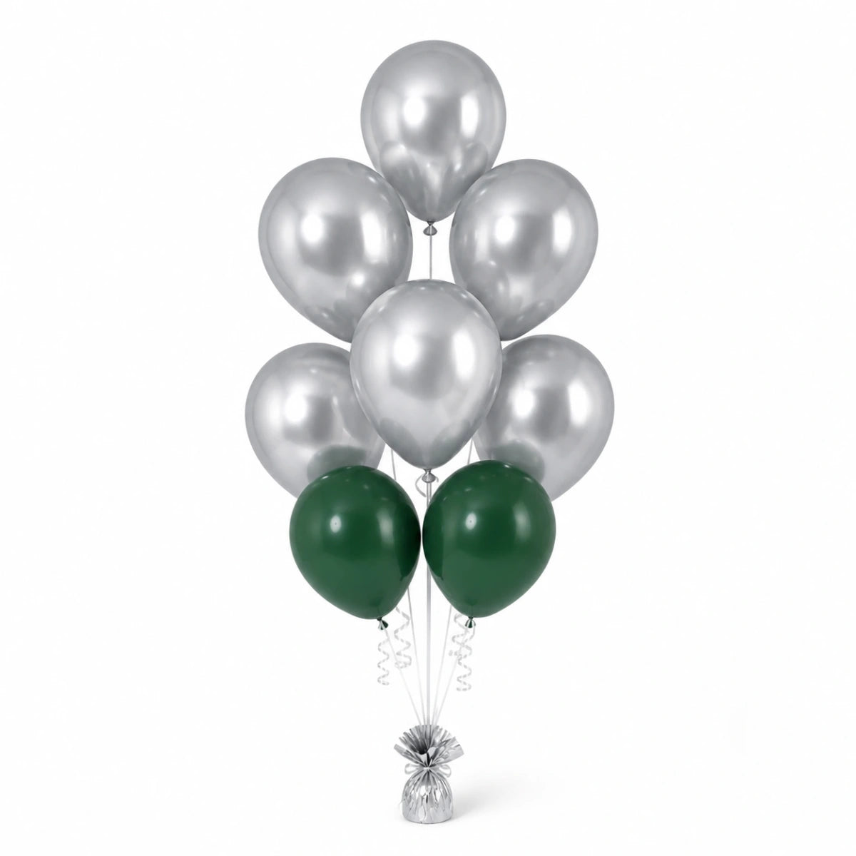 Silver & Forest Green Balloon Bunch (5/2 mix) - photorealistic coordinated seven-balloon bunch