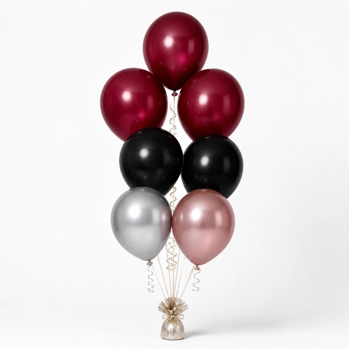 Merlot, Black, Silver & Rose Gold Balloon Bunch - photorealistic coordinated seven-balloon bunch