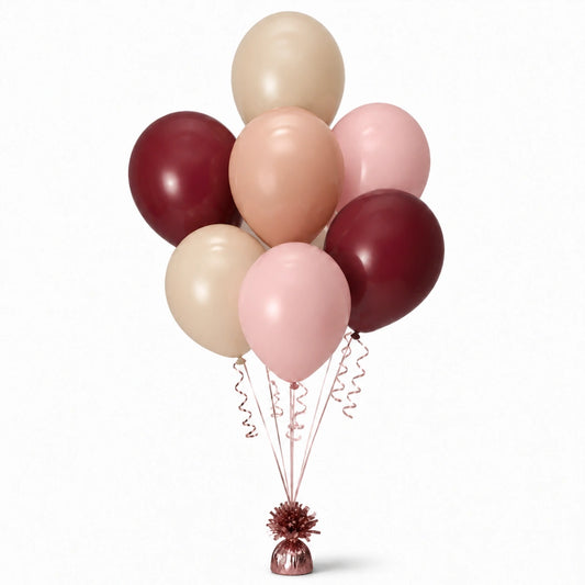 Warm Sand, Blush Pink, Merlot & Nude Balloon Bunch - photorealistic coordinated seven-balloon bunch