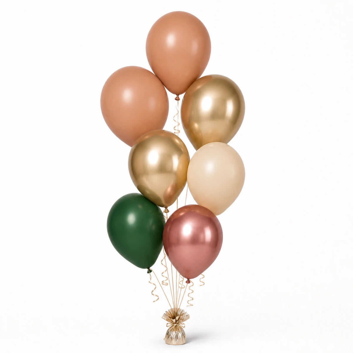 Nude, Champagne, Warm Sand, Forest Green & Rose Gold Balloon Bunch - photorealistic coordinated seven-balloon bunch