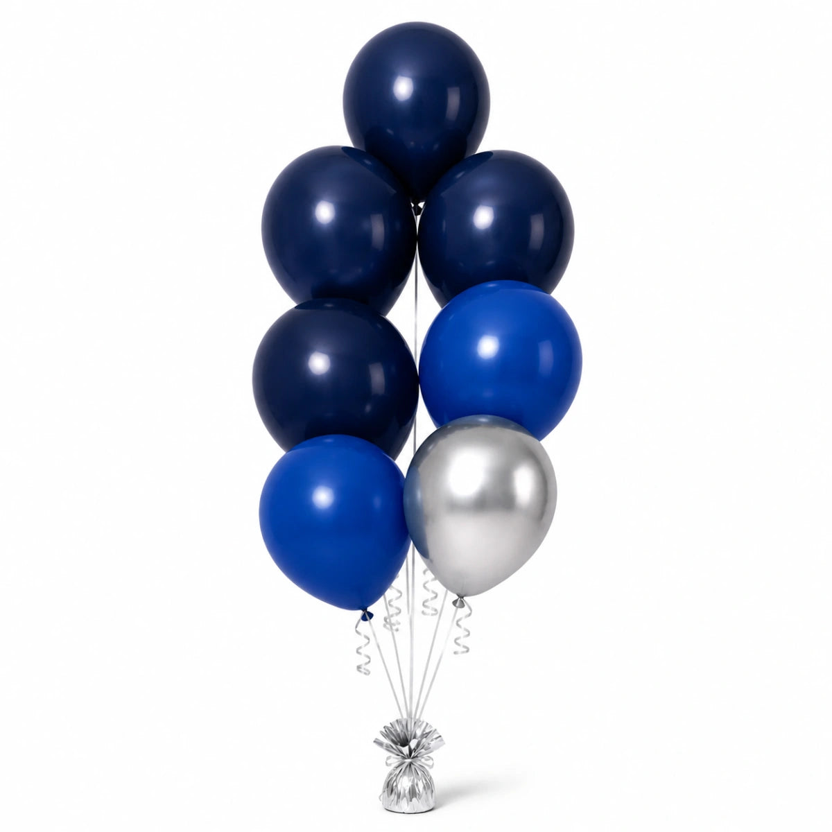 Navy, Royal Blue & Silver Balloon Bunch - photorealistic coordinated seven-balloon bunch